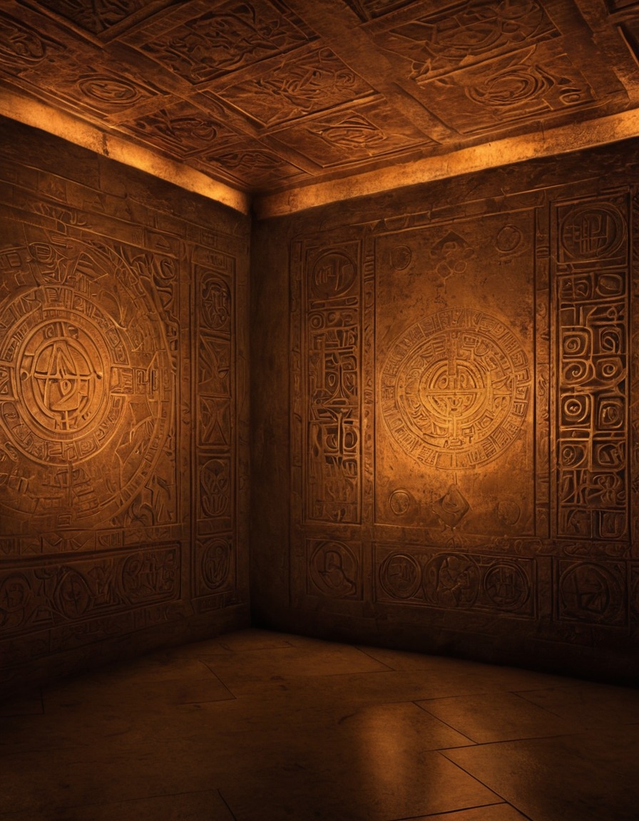 A dimly-lit room with ancient, cryptic symbols etched onto the walls ...