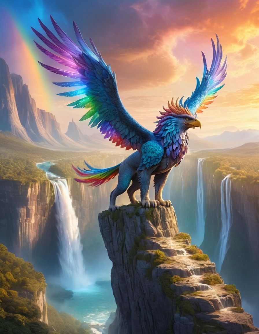 griffin, mythical creature, cliff, valley, rainbow waterfalls