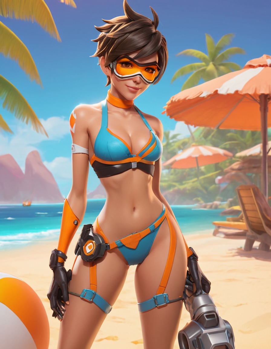 tracer, overwatch, beach, bikini, vibrant, games, girls from games