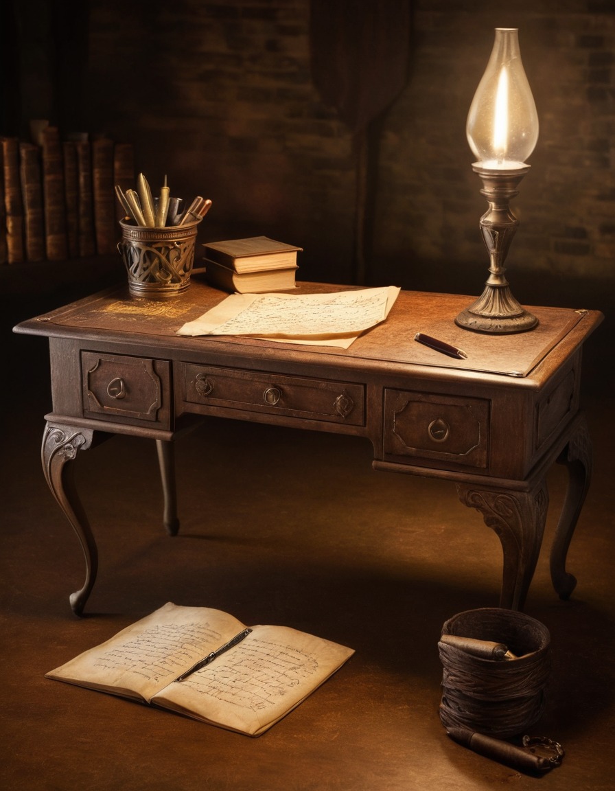 antique, writing desk, letters, quill pen, vintage