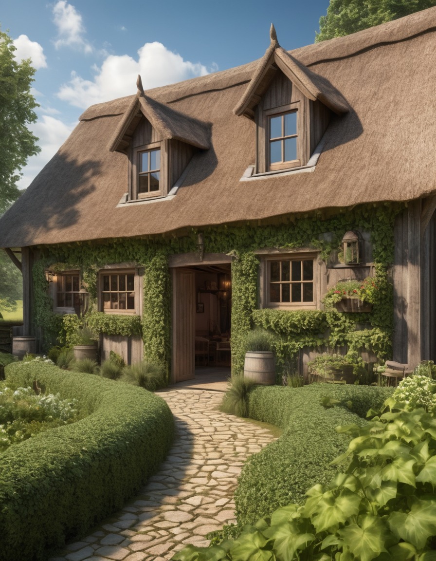 barn conversion, countryside home, rustic decor, ivy, thatched roof