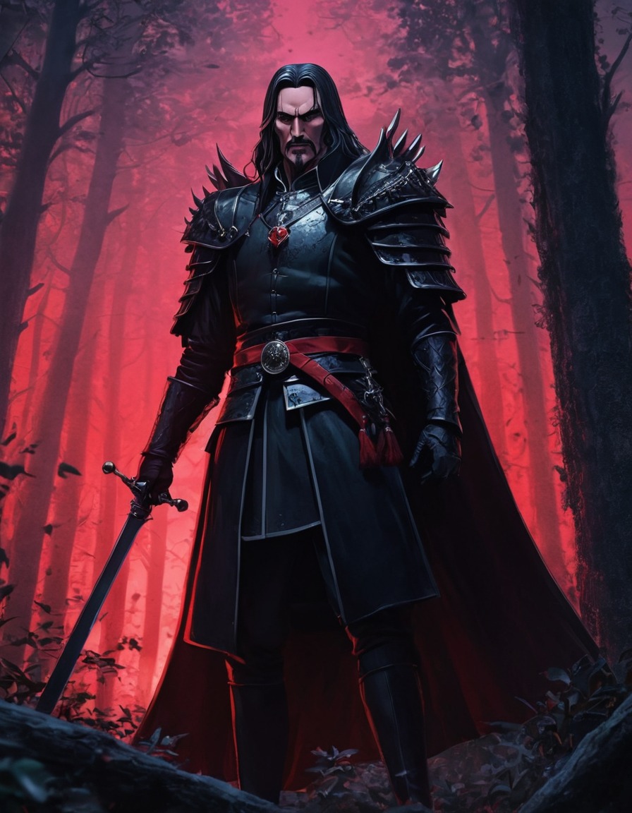 vlad the impaler, dark forest, menacing, historical figure, anime