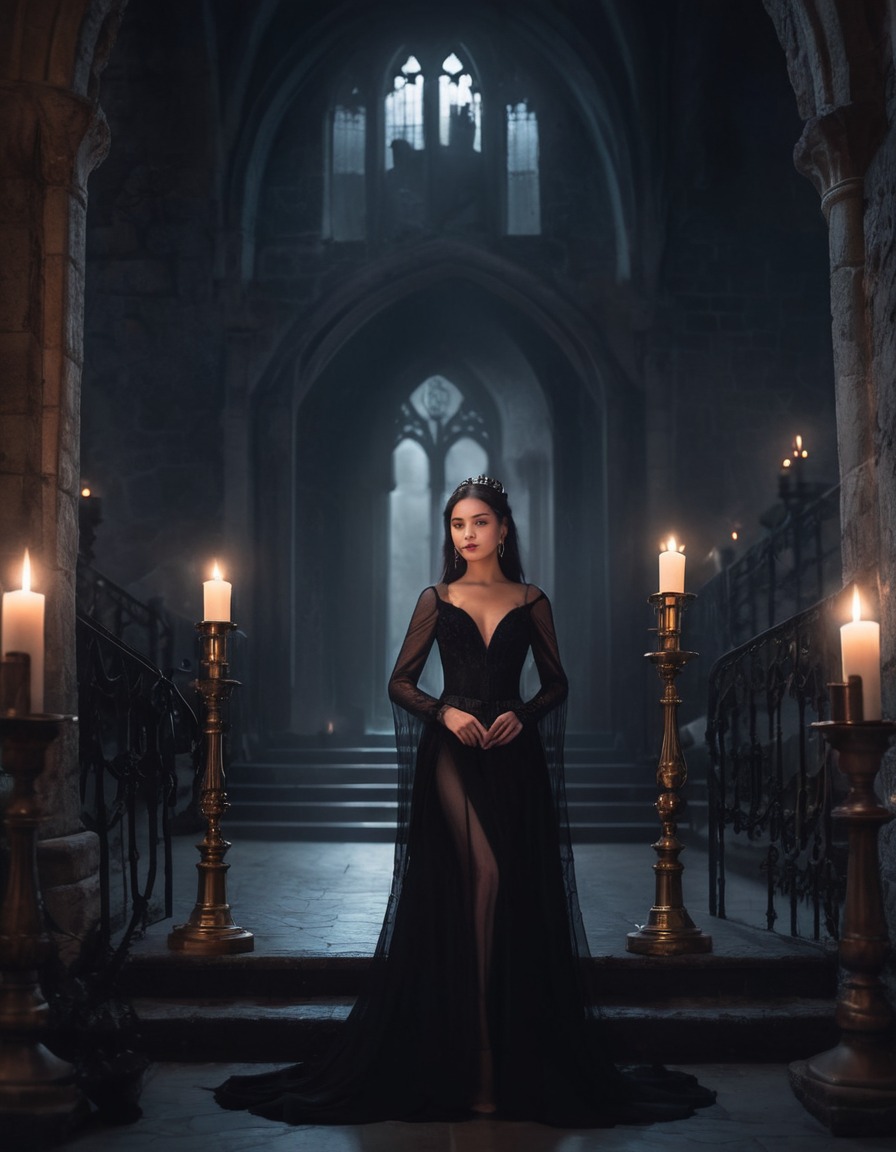 mysterious, woman, black gown, candlelight, gothic castle