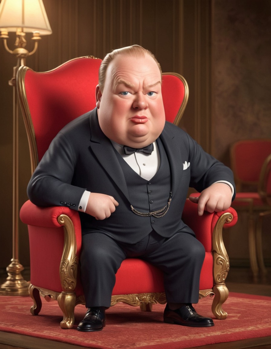 cartoon, illustration, winston churchill, humor, surprised, chair, chubby, fat