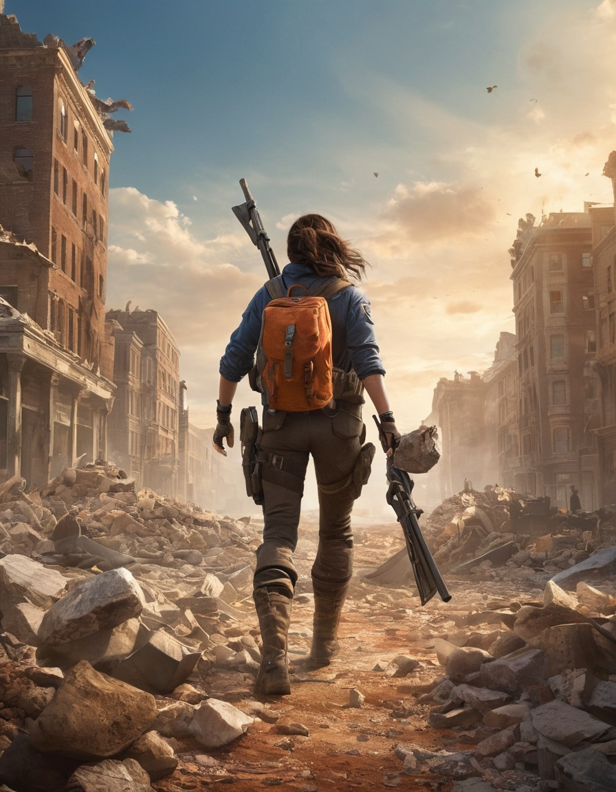 post-apocalyptic, scavenging, abandoned city, rubble, debris, fallout, games, tv shows