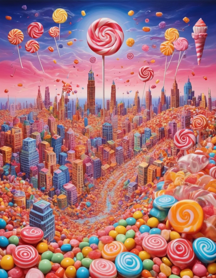 cityscape, skyline, candyland, sweets, whimsical, surreal