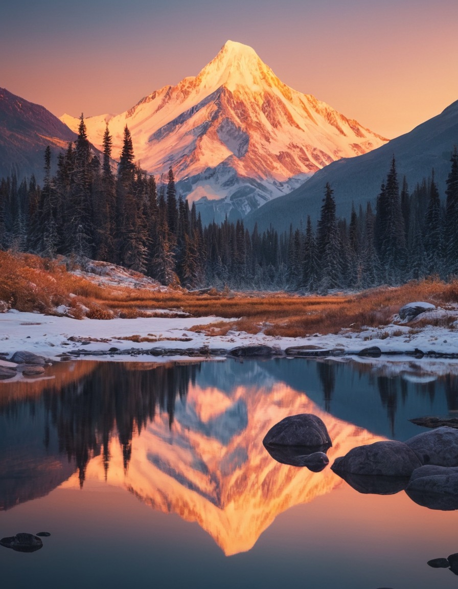 nature, mountain, sunset, snow, landscape