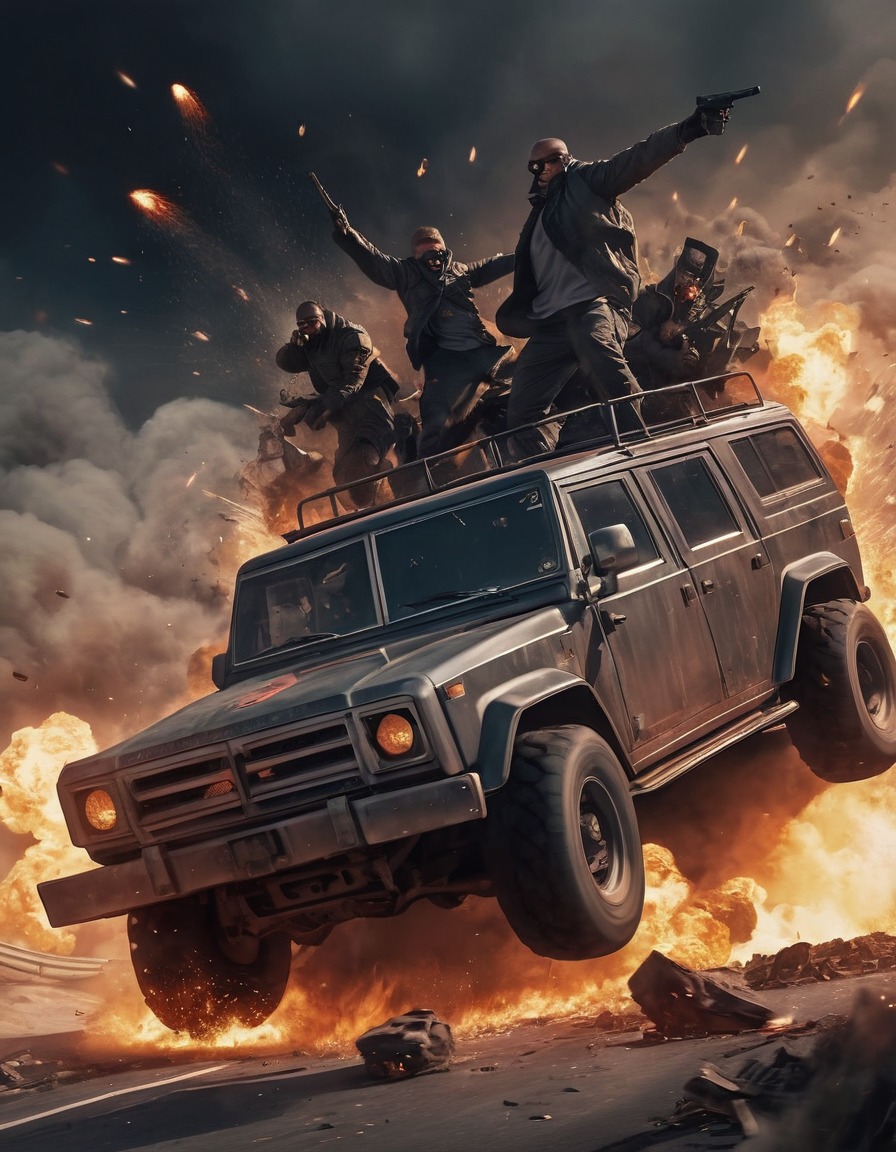 action, fight scene, vehicle, explosions, confrontation, mad max