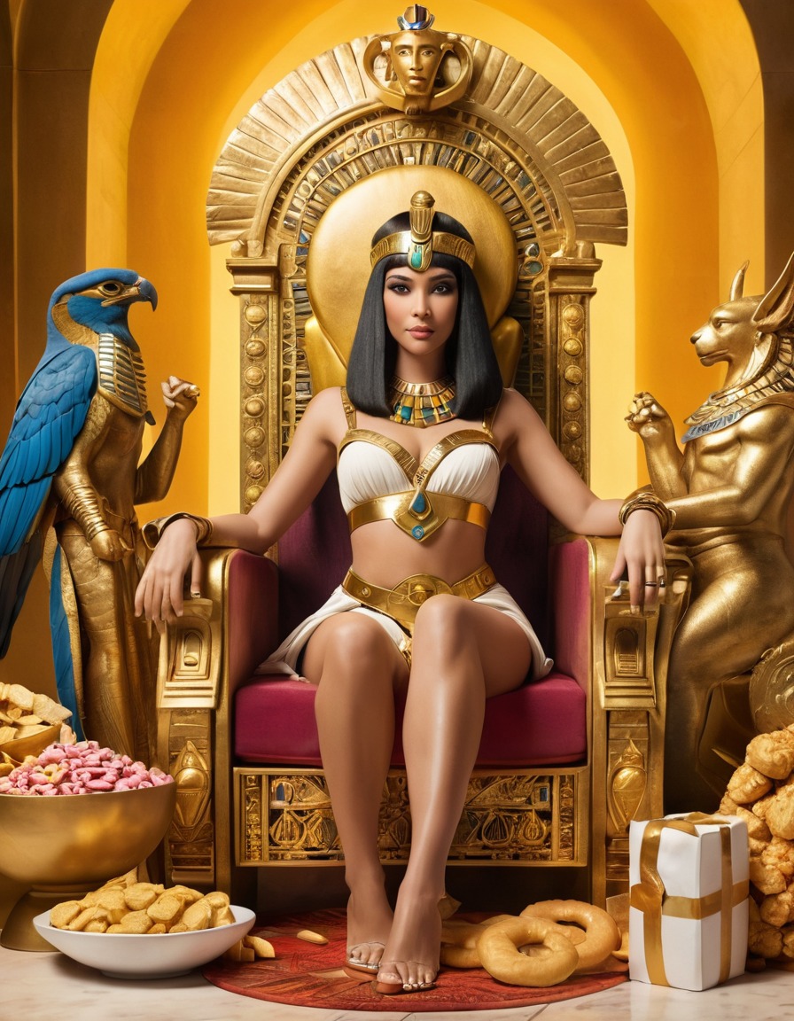 cleopatra, golden throne, oversized snacks, royalty, ancient egypt, fat