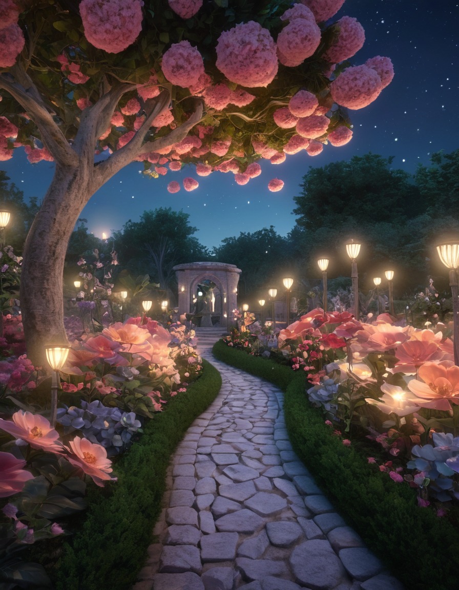 magical garden, oversized flowers, ethereal glow, nighttime, enchanting, fantastic