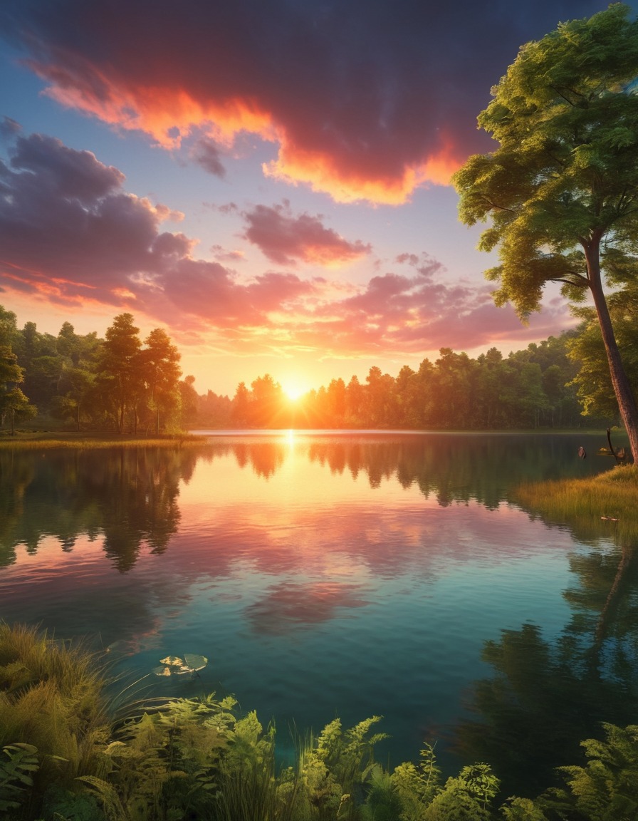 sunset, lake, forests, nature, serene