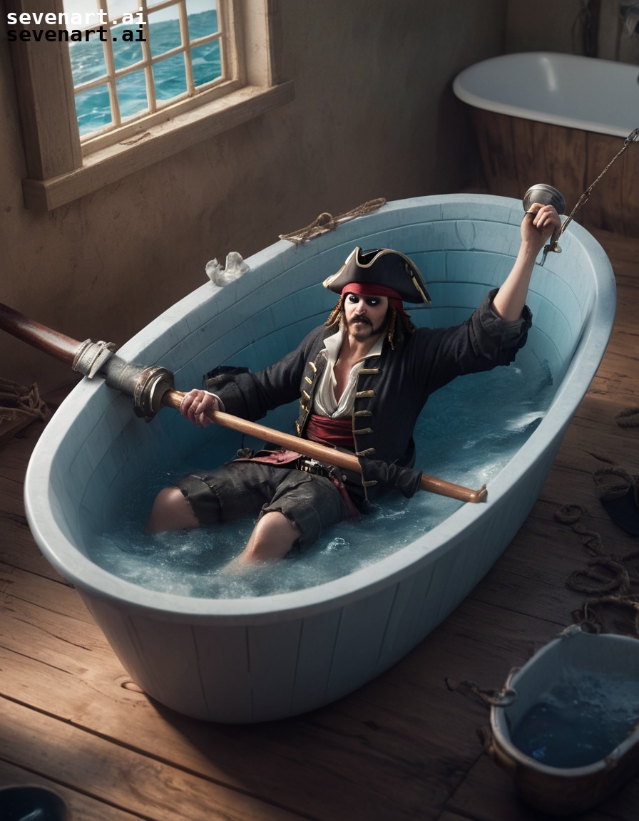 pirate, bathtub, rowboat, navigation, clumsy, fun, people