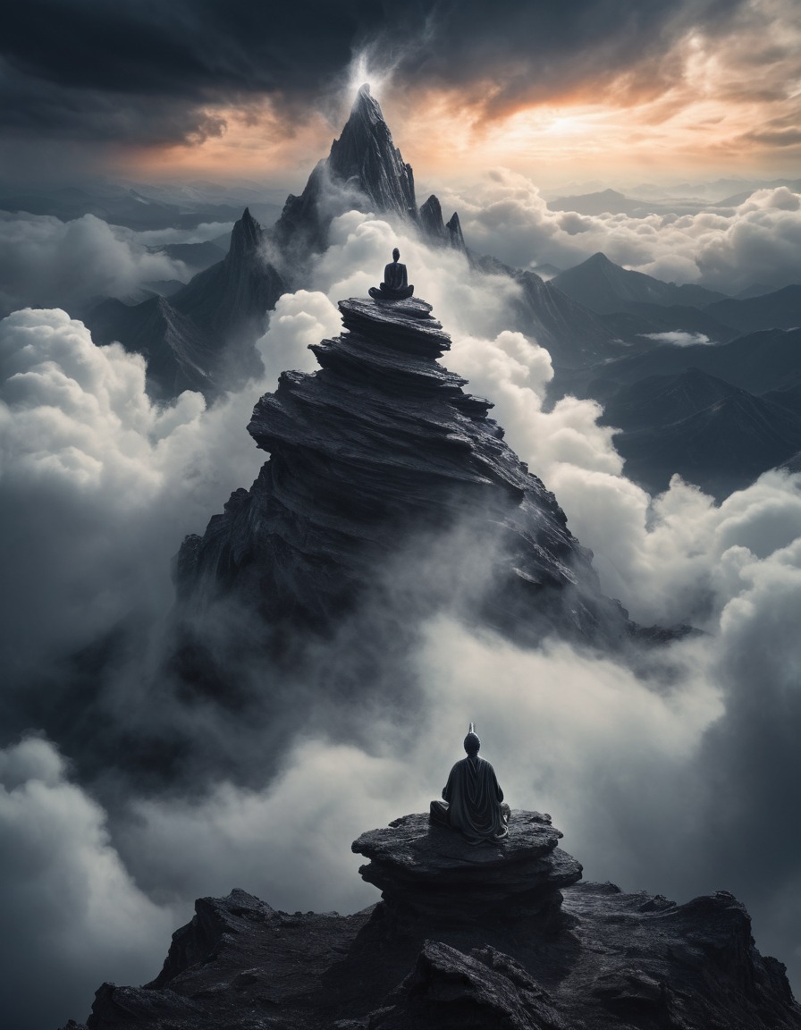 meditation, mountain peak, swirling clouds, loneliness, spirituality, zen, tranquility