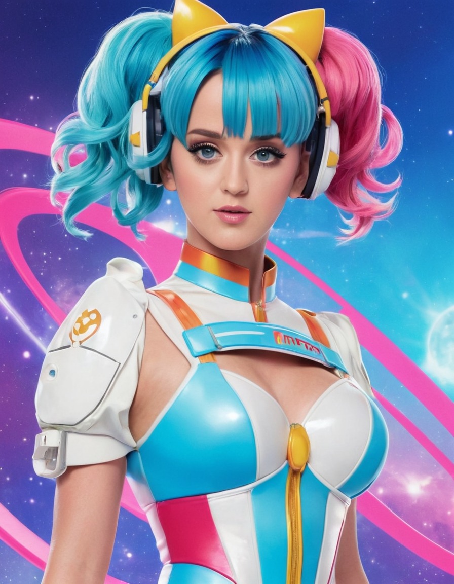 katy perry, anime, colorful hair, futuristic outfit