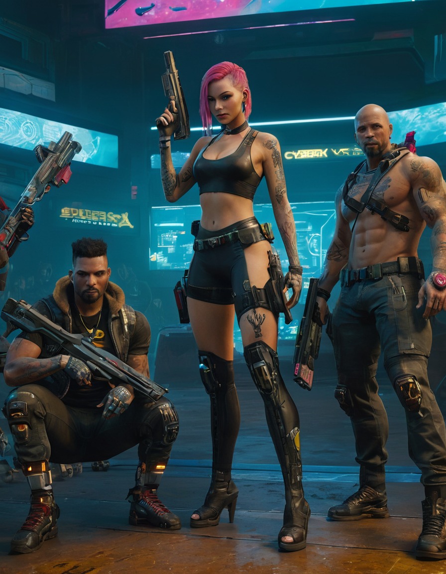 cyberpunk, futuristic, cybernetic enhancements, advanced weaponry, tattoos, diverse characters, computer games