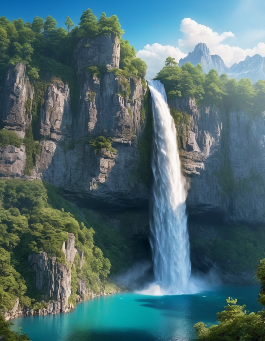 waterfall, cliff, lake, magical beings, fantasy, fantastic