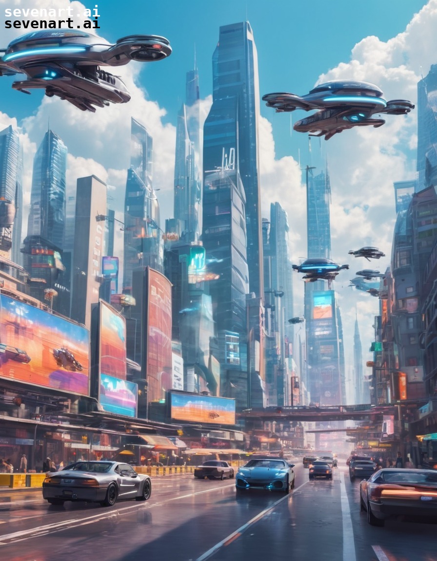 futuristic, cityscape, flying cars, holographic, technology, future