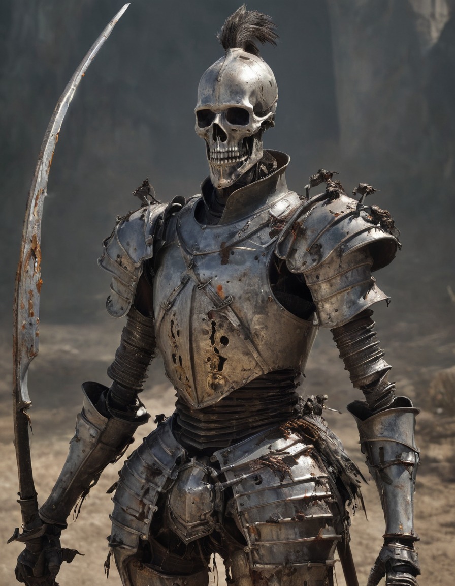 don quixote, reanimated, undead, tattered armor, decaying features, rusty sword, lance, zombie