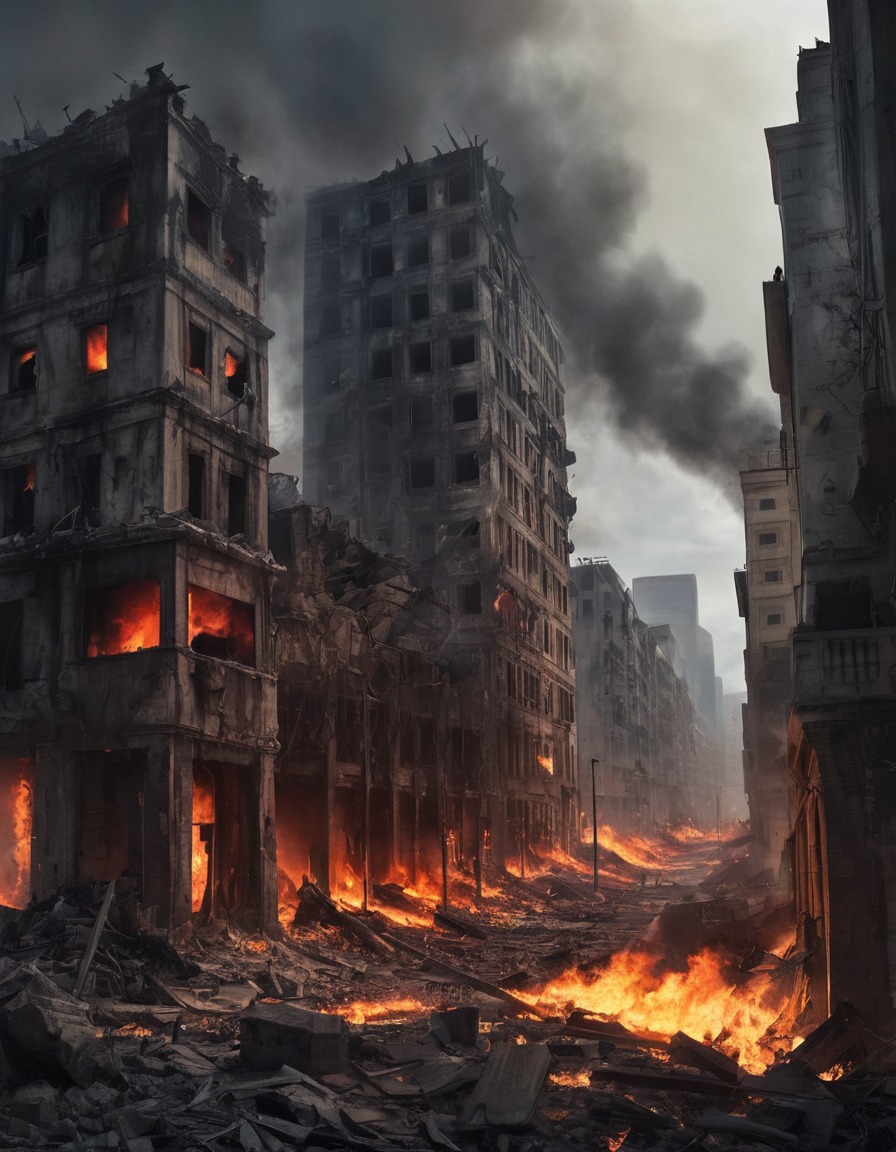 destruction, cityscape, ruins, fire, disaster, war, usa