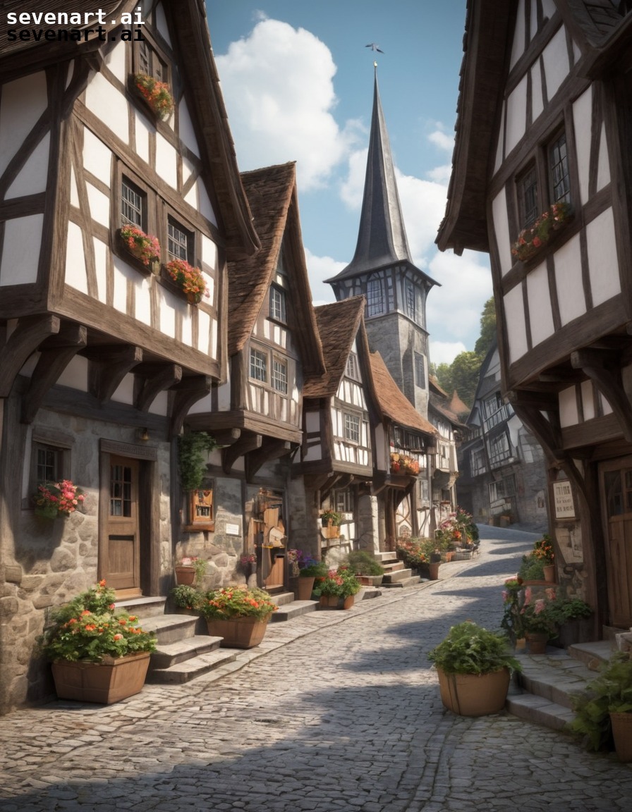 village, cobblestone streets, timber-framed houses, charming, european architecture