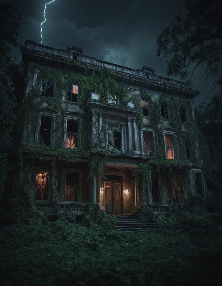 old mansion, broken windows, overgrown vines, abandoned building, lightning flashes, gothic, underground, dark