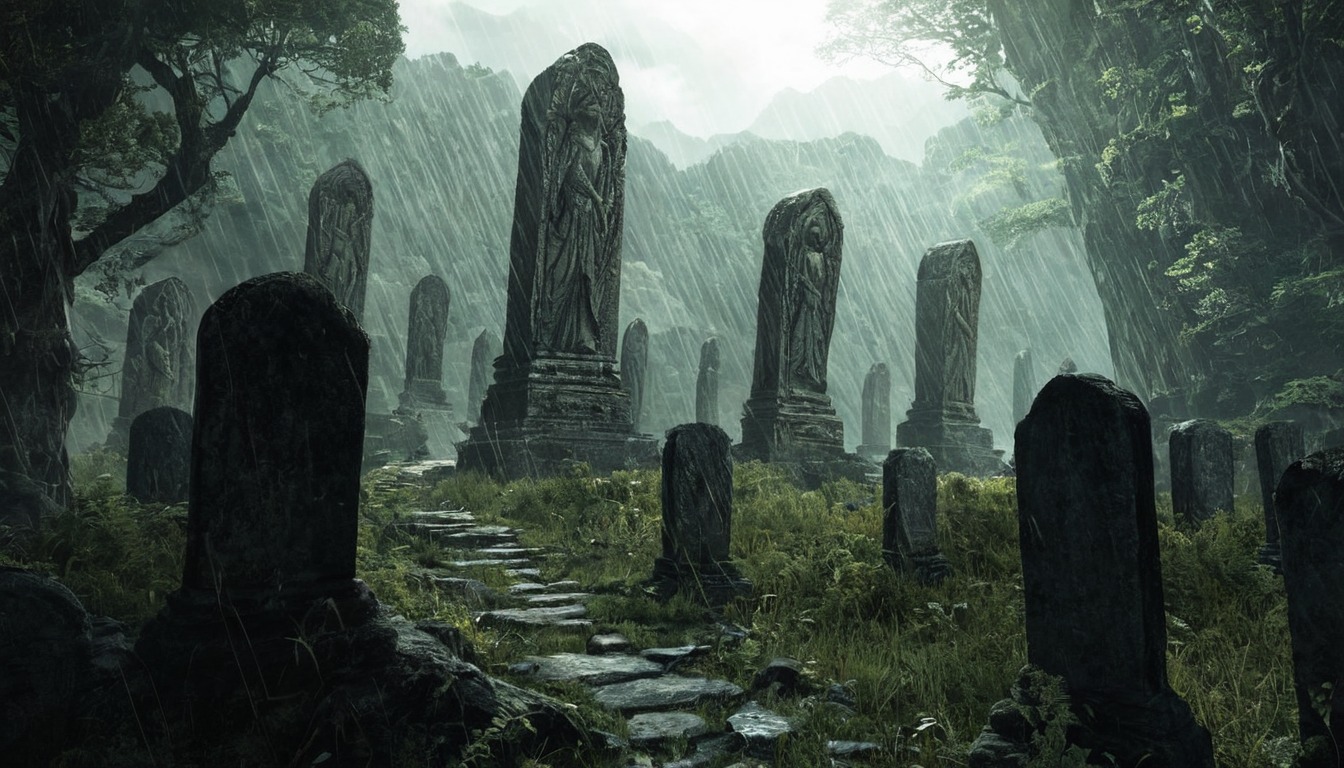 horror, cemetery, digitalart, digitalpainting, gothic, fog, magic, autumn, fall, fantasy, fantasyillustration, graveyard, halloween, landscape, oilpainting, rainy, rainydays, rainynights, realism, spooky, steps, stylized, tombstone, trees, aiart, stylizedart, midjourney, midjourneyai, midjourneyart