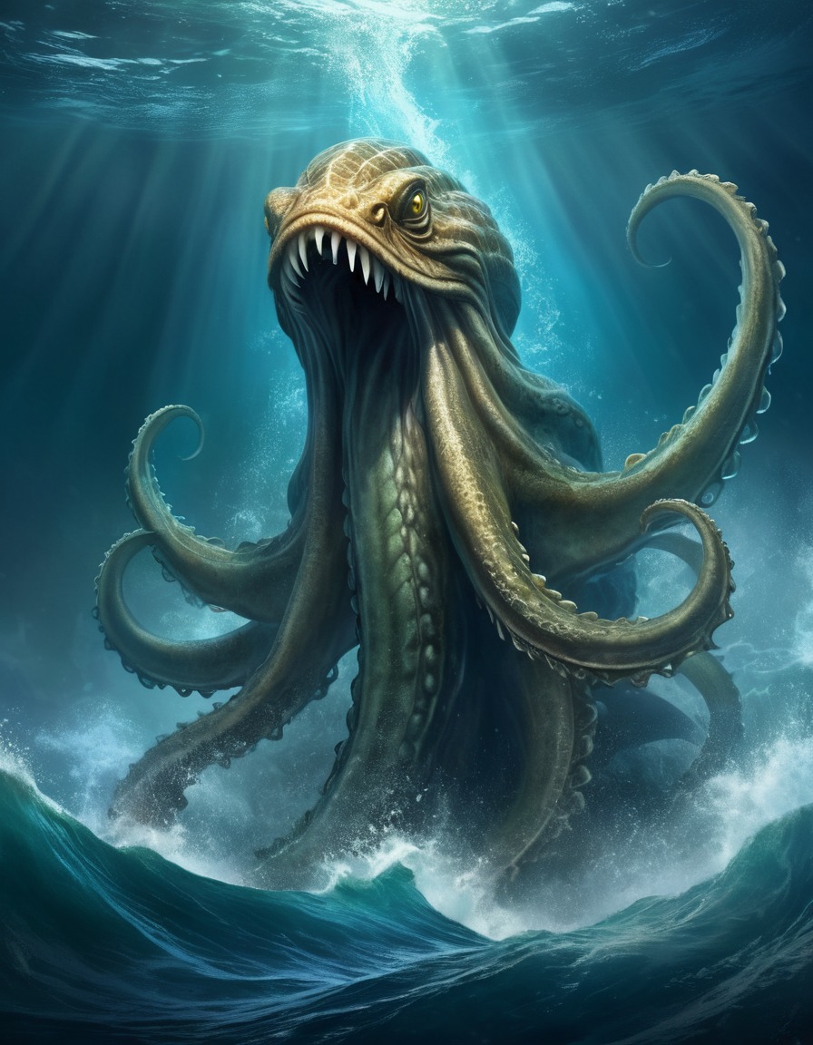 kraken, sea monster, ocean, waves, dramatic lighting, underwater landscape