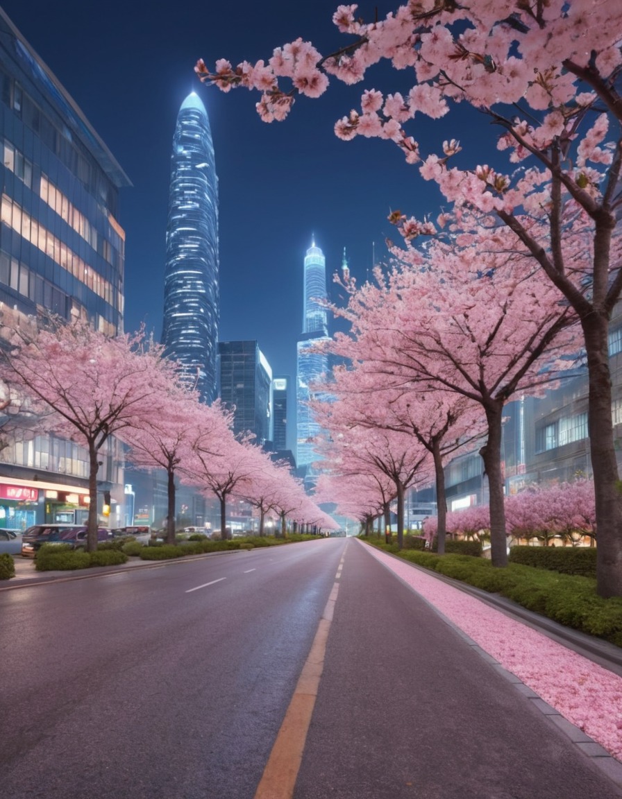 cityscape, cherry blossoms, urban, springtime, skyline, nature, architecture, city