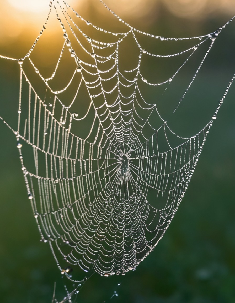 nature, macro photography, dew, spider web, morning light