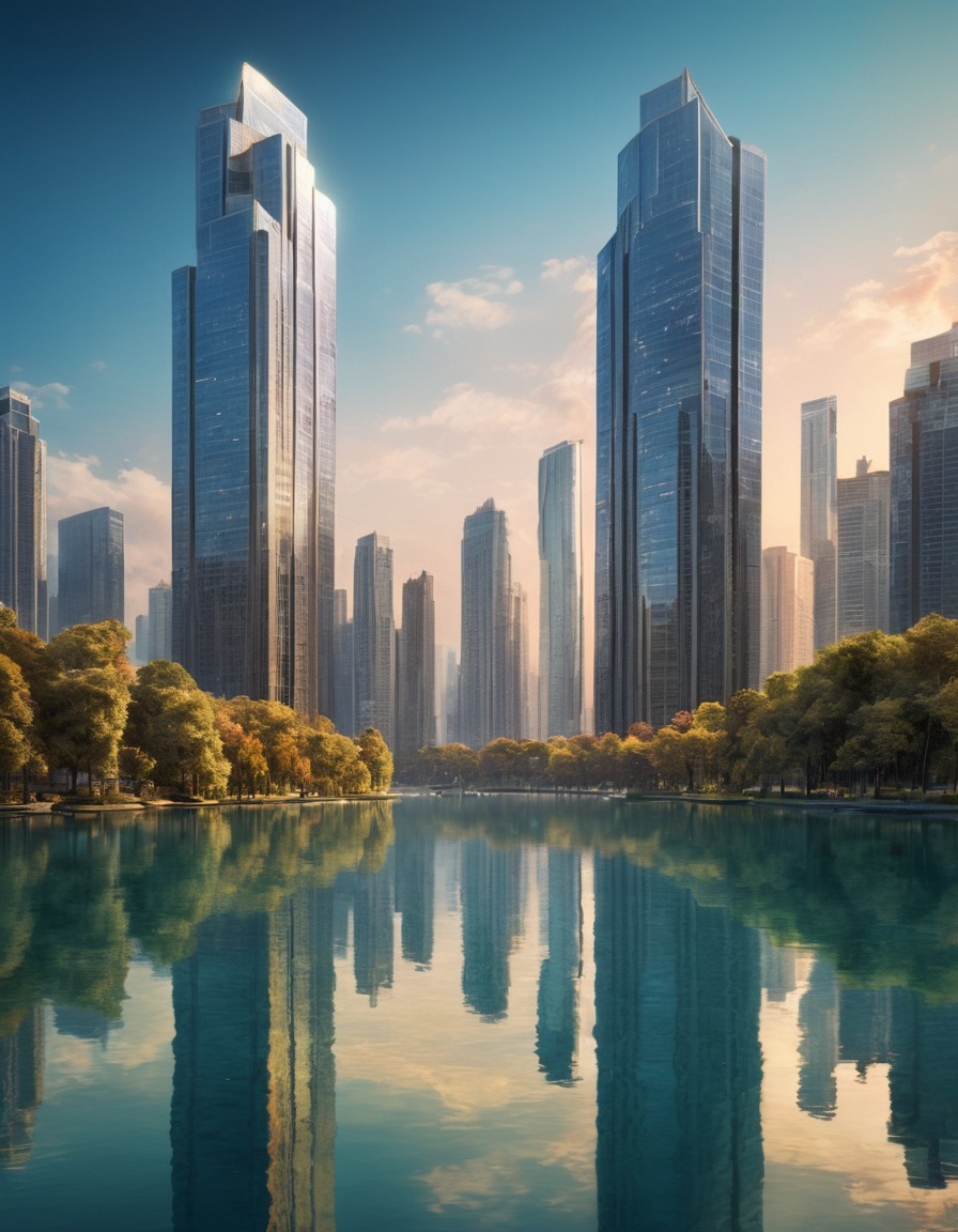 skyscrapers, lake, reflection, urban landscape, nature, city