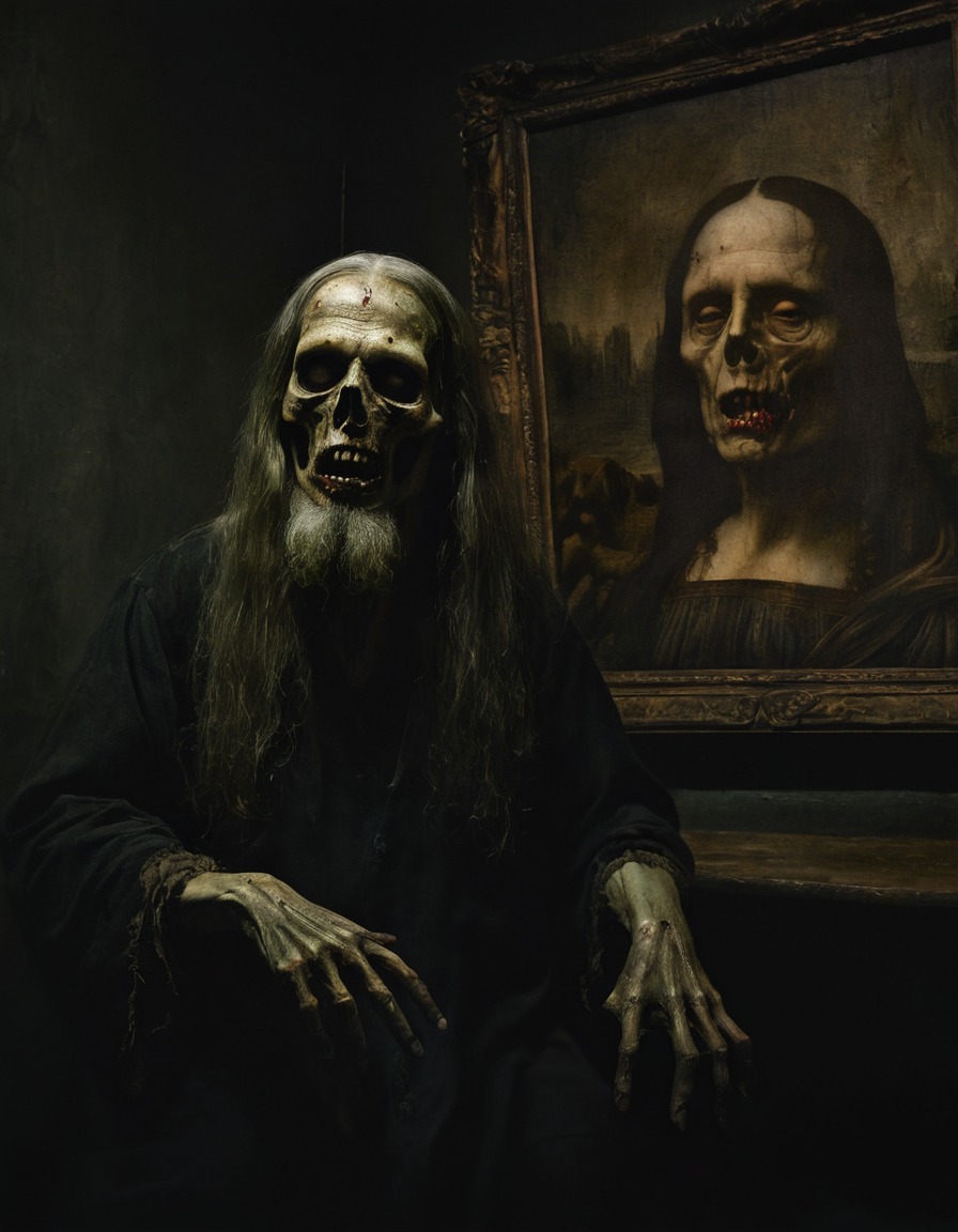 leonardo da vinci, zombie, portrait, dark room, mysterious, art, horror