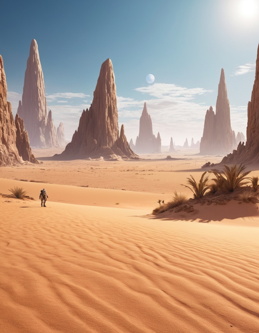 alien planet, desert landscape, sand-dwelling creatures, crystal exoskeletons, extraterrestrial, aliens