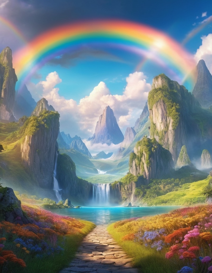 enchanted rainbow, hidden realm, fantasy, wonders, magic, mythical creatures, adventure