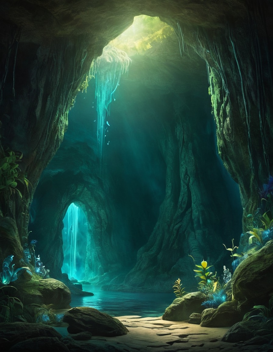 cave, entrance, underground world, bioluminescent creatures, mystery, fantastic