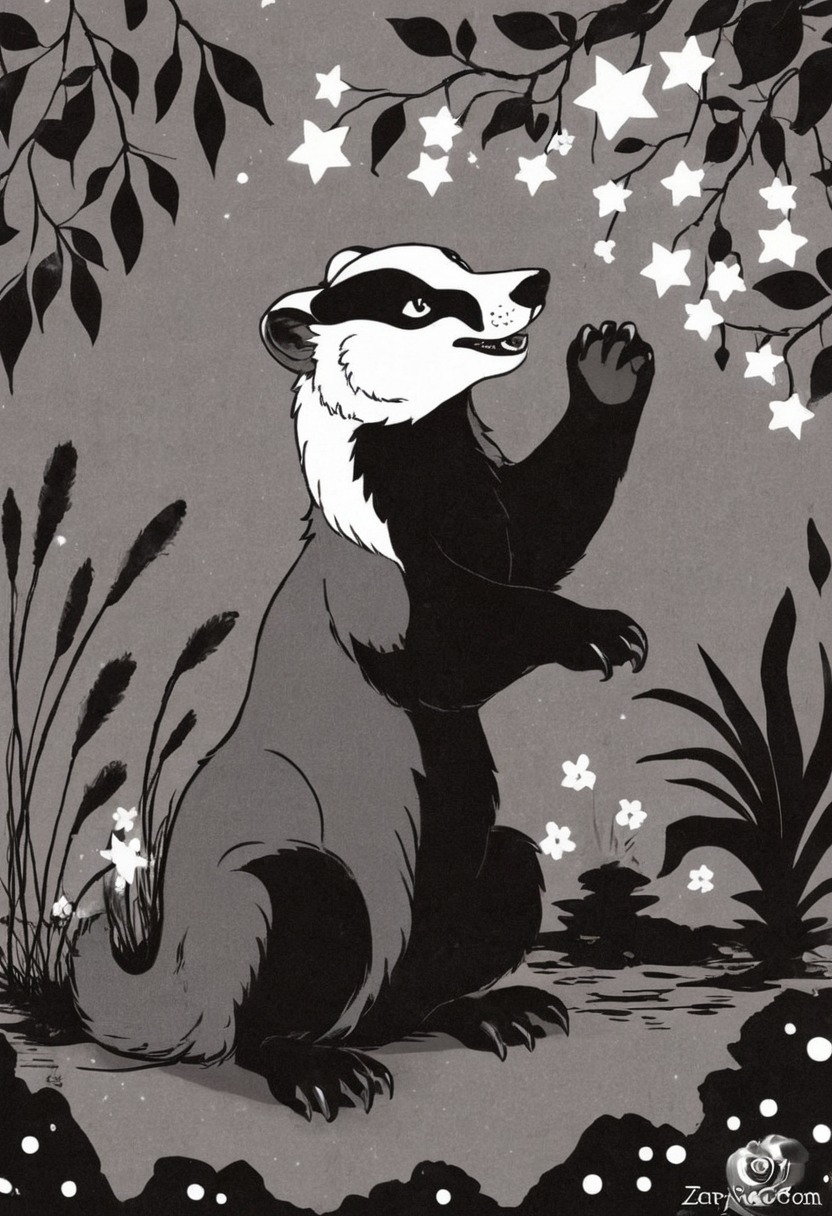 animal, animalart, badger, greyscale, markers, stars