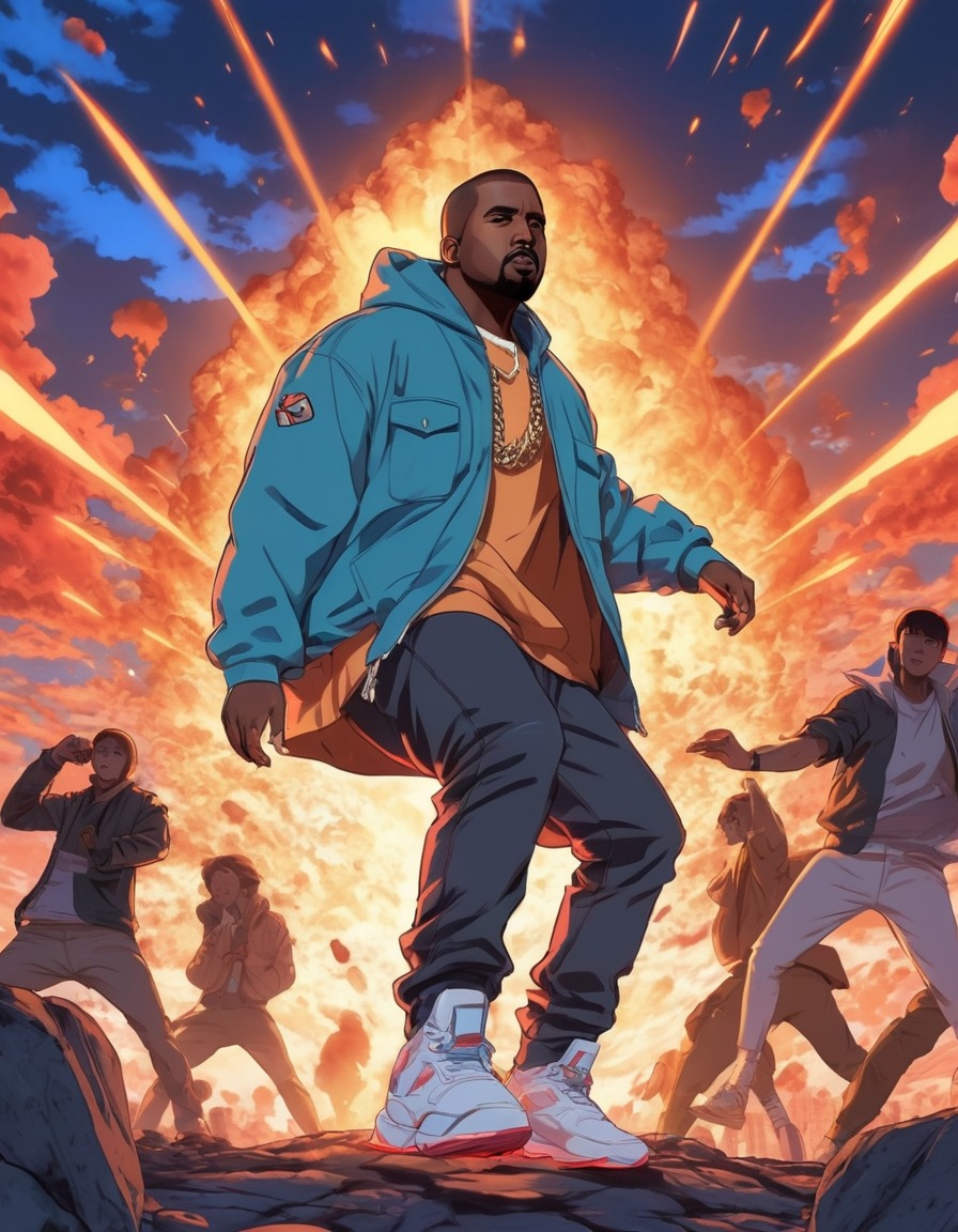 kanye west, anime, battle scene, high-energy, music artist