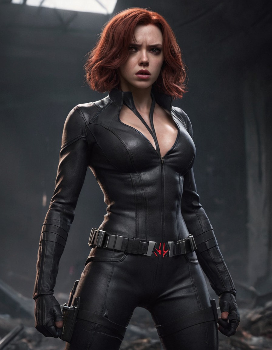 superhero, black widow, confident, ripped clothing, fierce battle, illustrated