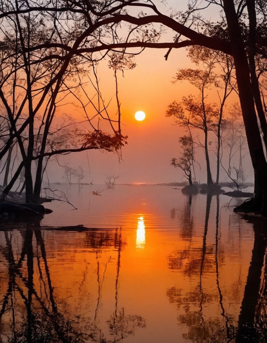 nature, trees, sunsets, reflections, peace and quiet, serenity, orange, orange gray