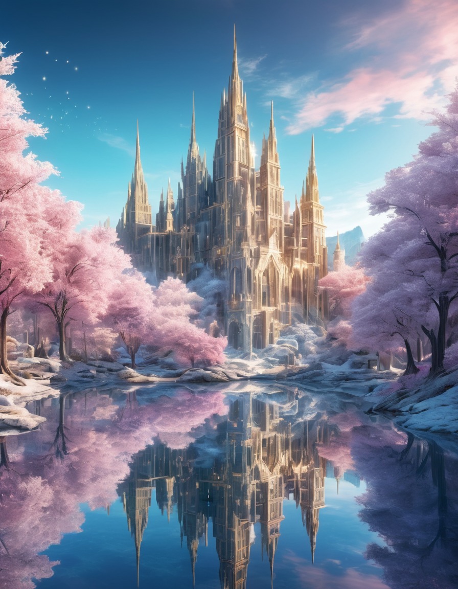 mirrored lake, crystal spires, fantasy, reflecting, cityscape, beautiful scenery