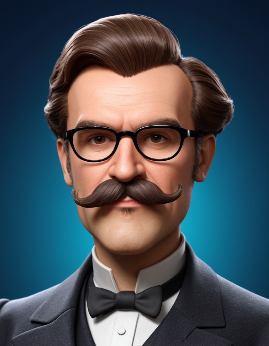 friedrich nietzsche, caricature, cartoon, oversized glasses, mustache, funny