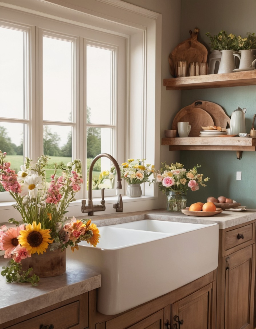 kitchen, farmhouse sink, fresh flowers, interior design, home, interior