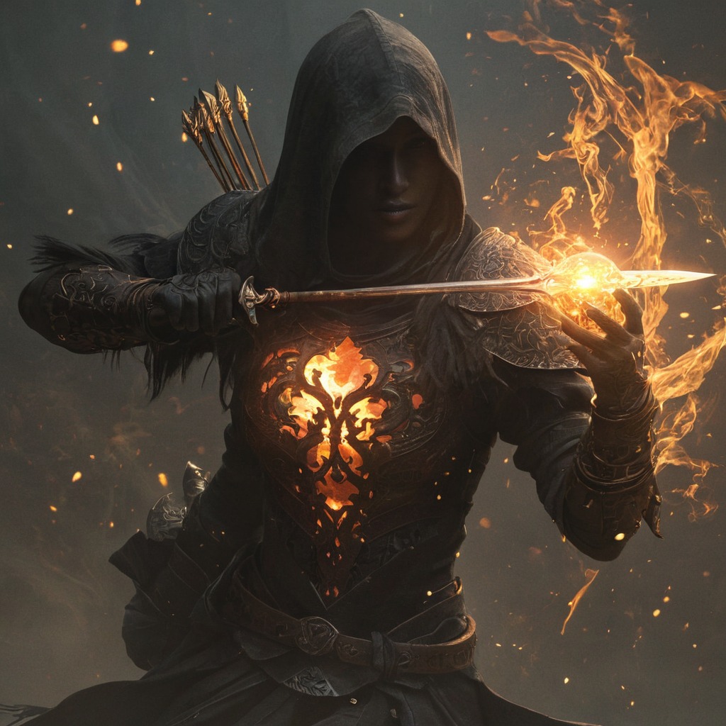 digitalart, characterdesign, warrior, magic, epic, fantasyart, arrow, black, bow, light, shoot