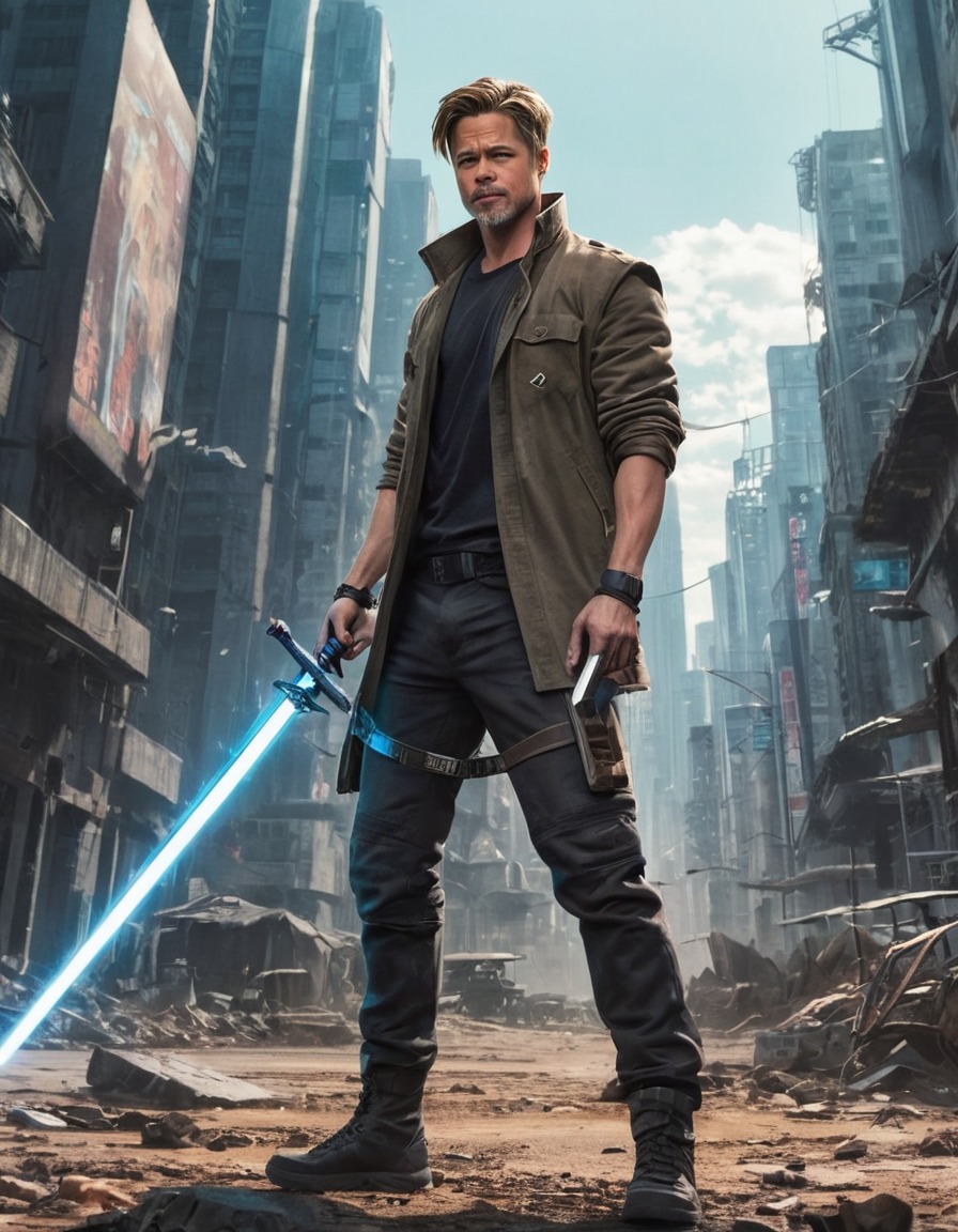 brad pitt, anime, futuristic, sword, post-apocalyptic, cityscape