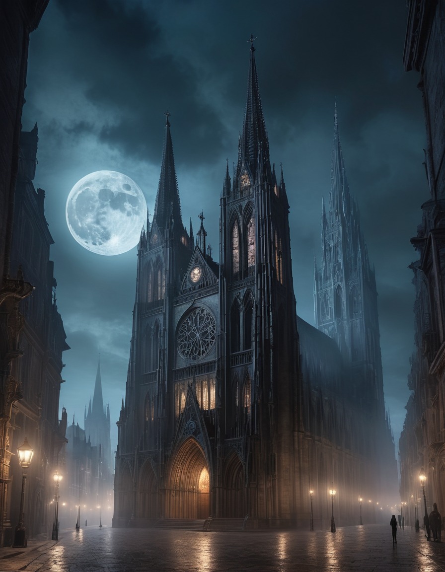 architecture, gothic, cathedral, cityscape, moonlit, misty