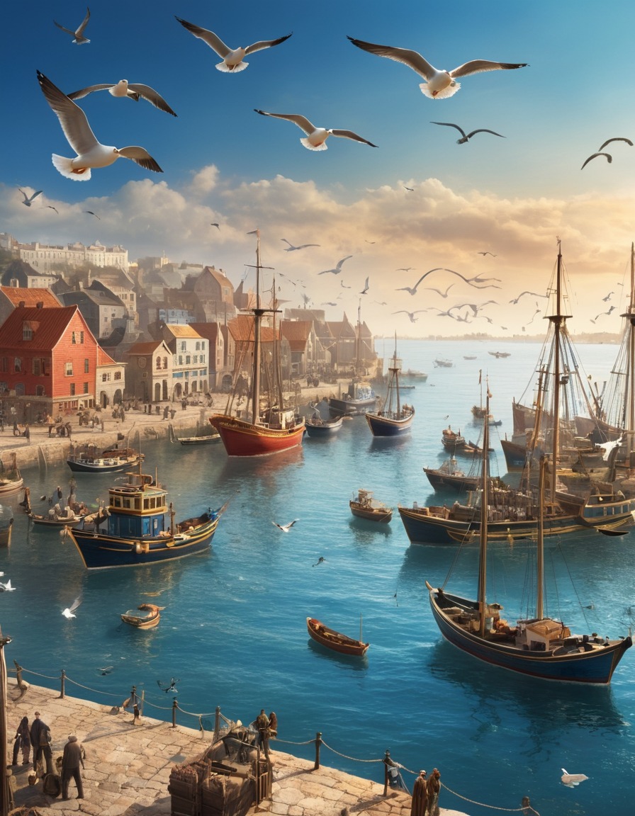 harbor, fishing boats, seagulls, waterfront, maritime, coastal scenery