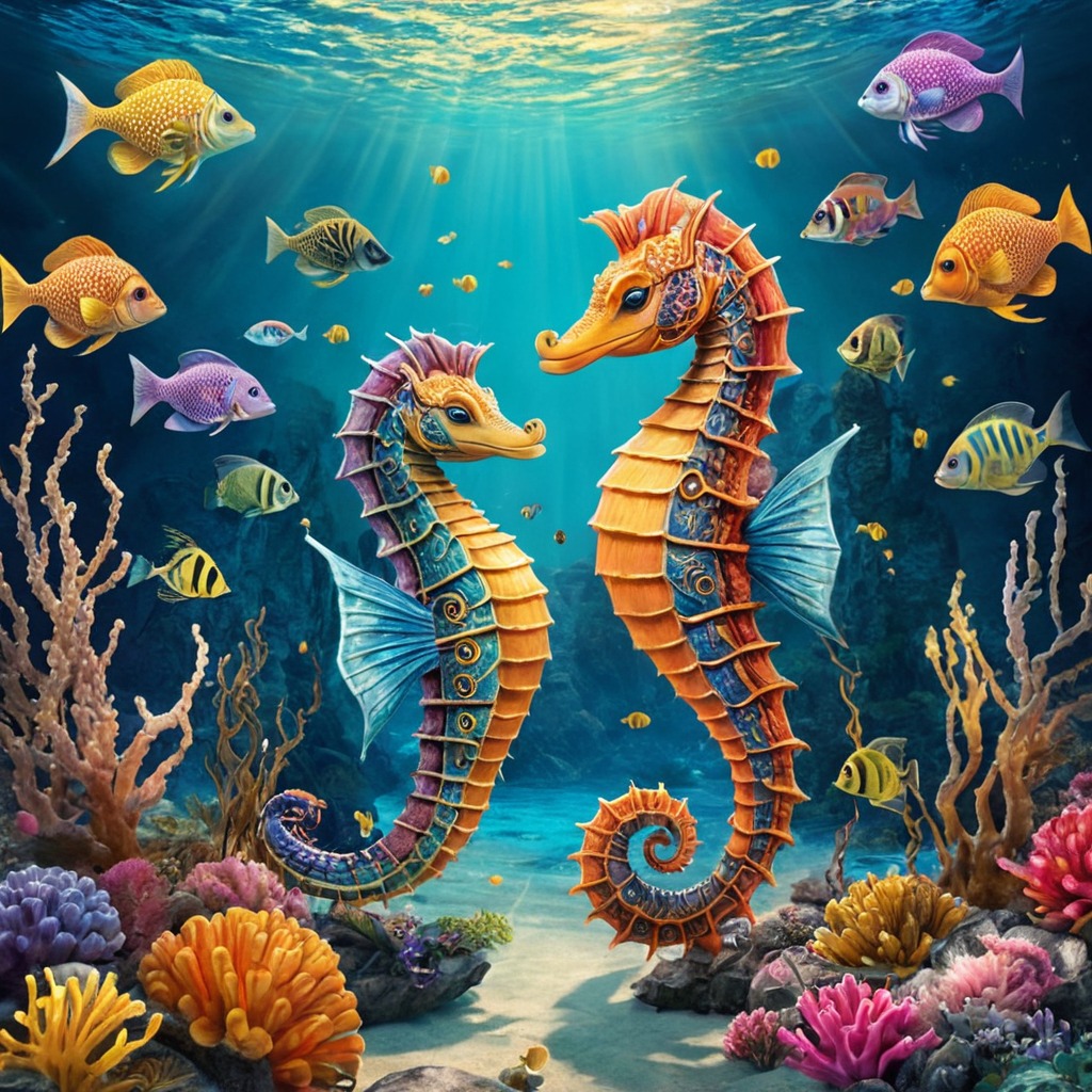 digitalart, ocean, seahorse, seahorses, undersea, aiart, tengrai, printqualityart