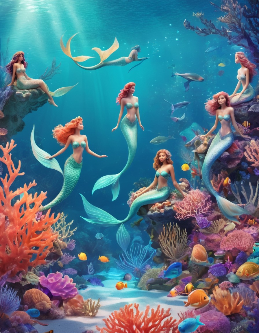 underwater, sea creatures, mermaids, coral reef, whimsical, fantastic