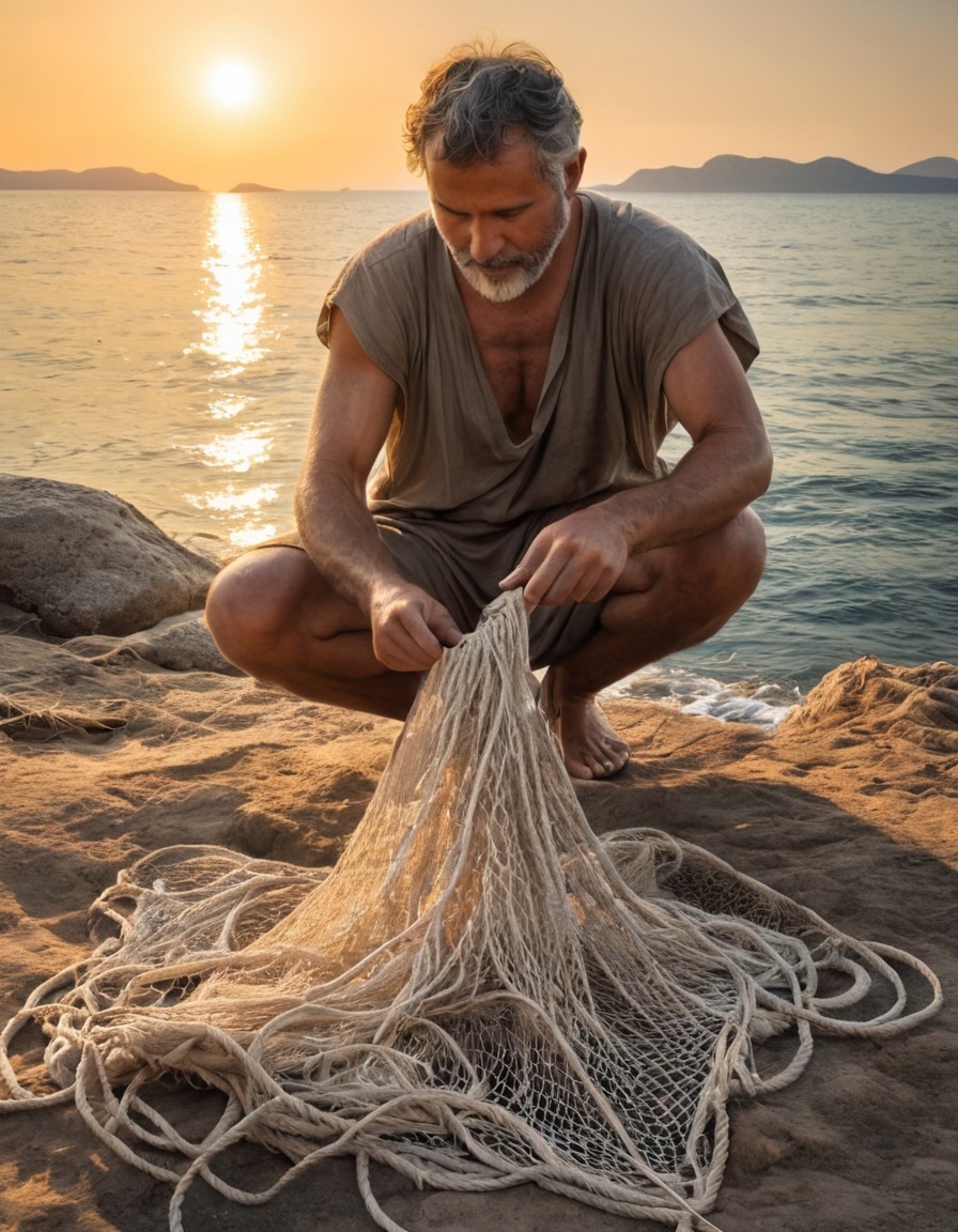 ancient greek culture, fisherman, sea, fishing, net mending, ancient greece, 300 bc