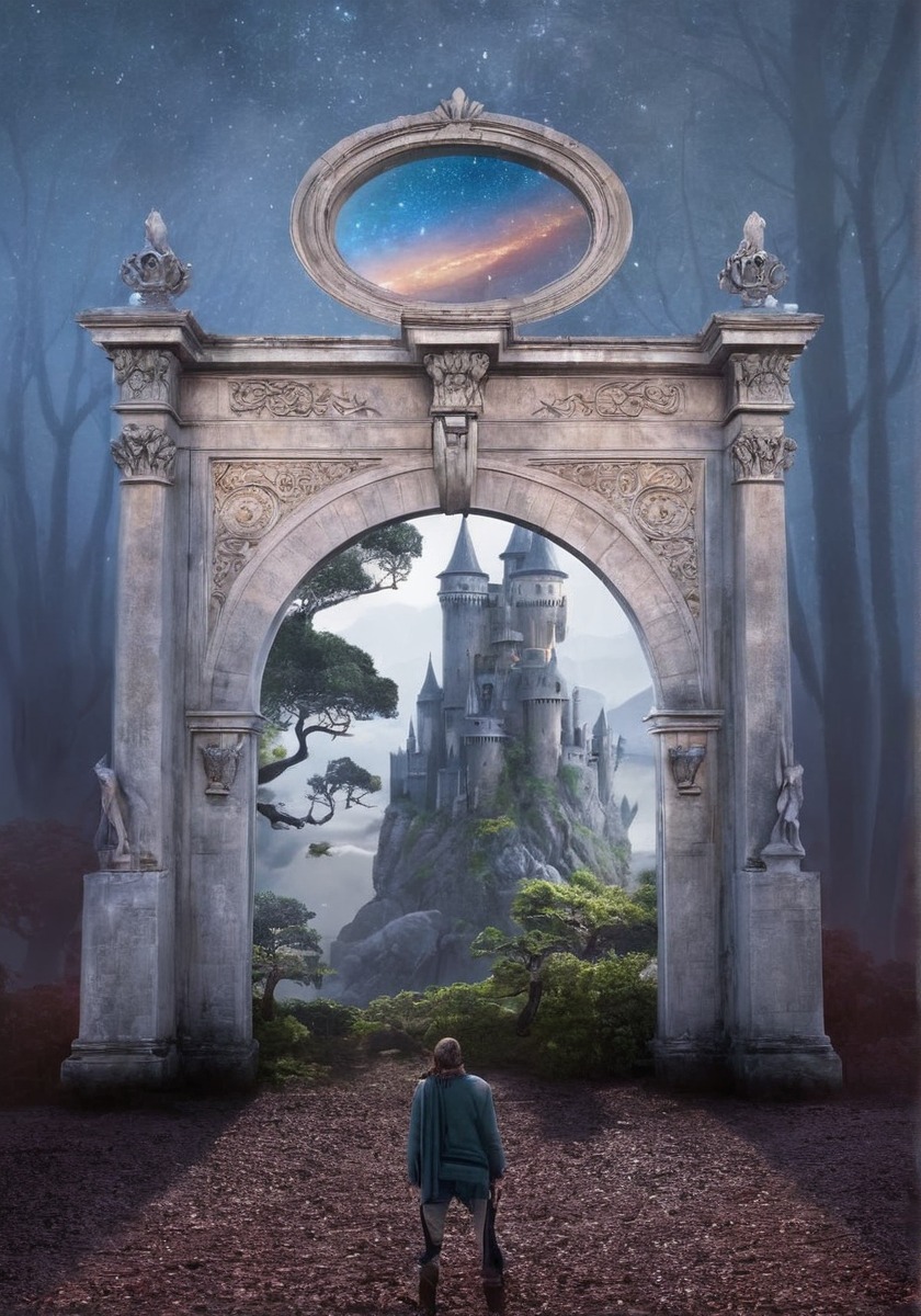 castle, dream, fantasy, forest, gate, man, photomanipulation, portal, surreal