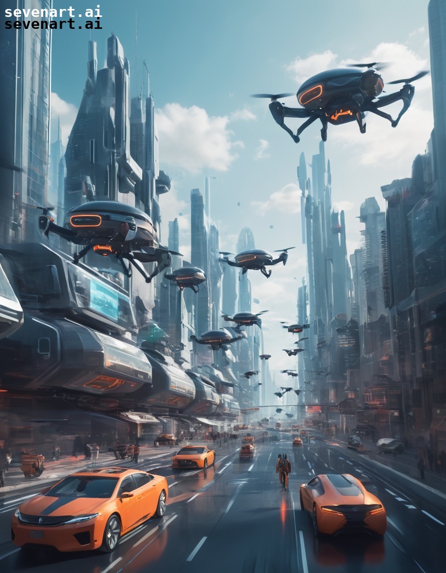 futuristic, cityscape, artificial intelligence, autonomous vehicles, drones, ai world